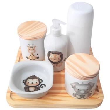 Imagem de Kit de Higiene para Bebê Safari com 6 Peças em Porcelana e Pinus - Ant