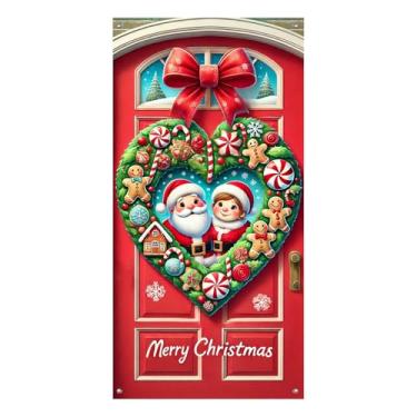 Imagem de BlissYard Capa de porta de grinalda de coração de papai noel e pão de gengibre, faixa decorativa de férias com doces de hortelã-pimenta e flocos de neve para decoração de inverno interna e externa