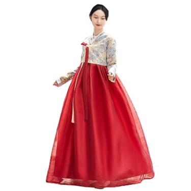 Imagem de KUFEIUP Vestido feminino coreano tradicional Hanbok bordado floral cosplay roupa (A-vermelho, pequeno)