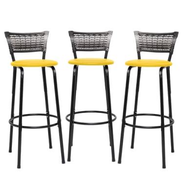 Imagem de Banquetas Junco Degradê Cyber Estrutura Preta Ideal para Bancada Balcão e Cozinha Kit 03 Unidades - Itagold (Amarelo)