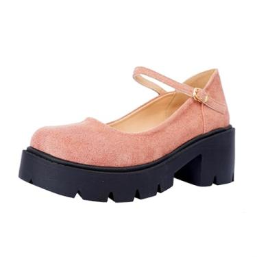 Imagem de Mocassins femininos modernos, casuais, versáteis, bico redondo, boca rasa, sola grossa, bico grosso, salto grosso, fivela e tira plana, rosa, 36