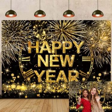 Imagem de Fundo de Feliz Ano Novo 2026 Ano Novo Festa Fotografia Fundo para NYE Decorações Banner Dourado Glitter Fogos de Artifício Contagem Regressiva Reunião Familiar Suporte para Cabine Fotográfica (213 x
