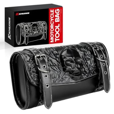 Imagem de Achilioson 7,14L Alforje de motocicleta 3D crânio em relevo de couro PU, bolsa de armazenamento universal à prova d'água preta para motocicleta bolsa de armazenamento para a maioria das motocicletas