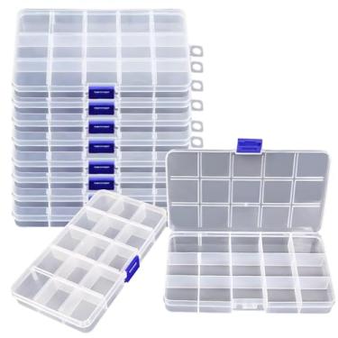 Imagem de 10 organizadores de contas transparentes com 15 compartimentos, caixas de armazenamento de plástico transparente com trava resistente para joias, costura e suprimentos de artesanato, 17 x 10 x 2 cm