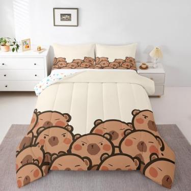 Imagem de Jogo de edredom fofo de capivara, desenho animado de animais selvagens, tema safári selvagem, para crianças, meninas, meninos, branco, com tema safári, decoração de capivara