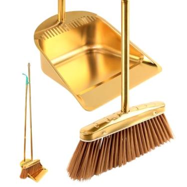 Imagem de Conjunto de vassoura e pá de lixo de aço inoxidável dourado, panela de 2 peças de cabo longo com dentes de pente, design vertical resistente à prova de vento para casa, cozinha, uso interno e externo