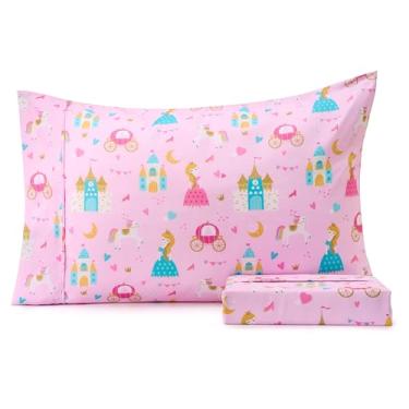 Imagem de Drozeeo Jogo de cama infantil solteiro castelo de princesa para meninas, unicórnio rosa e fronhas com alças elásticas no canto, bolso profundo de 38 cm