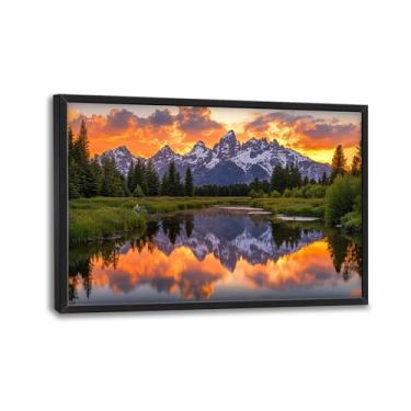 Imagem de Arte de parede grande do lago da montanha para sala de estar, decoração de parede em tela de árvore florestal, pintura emoldurada de imagens do pôr do sol, arte de paisagem natural para quarto e