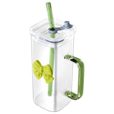 Imagem de LUMINFLY Copo de vidro com laço transparente com alça, caneca de chá e café de vidro elegante, inclui canudo e tampa, copo de leite transparente para escritório ou uso doméstico