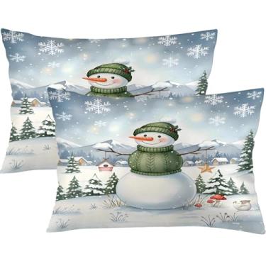 Imagem de Conjunto de 2 fronhas de cama de cena de inverno de boneco de neve, tamanho Queen, 50 x 76 cm, estampa dupla face com zíper oculto, roupa de cama decorativa aconchegante para quarto de Natal