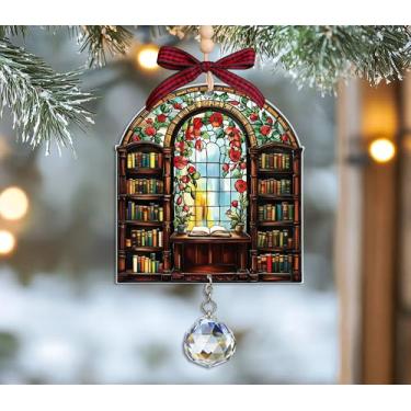 Imagem de BrockShops Biblioteca Bookshelf Acrílico Suncatcher com cristal - Ornamento acrílico Bookish - Decoração de parede de bibliotecário - Presente para amantes de livros - Ornamento de livro de leitura