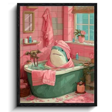 Imagem de Arte de parede de tubarão, cena de tubarão de banheira de spa, decoração de parede humor de banheiro, impressão em tela emoldurada com acabamento fosco, arte de pôster de banheiro, para presente de