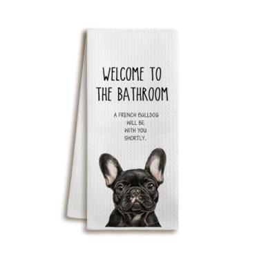 Imagem de XUISWELL 980 French Bulldog Dog Frenchie Mom Presentes para mulheres, engraçados bem-vindos ao banheiro Um buldogue francês estará com você em breve toalhas de mão para decoração, 40 x 61 centímetros