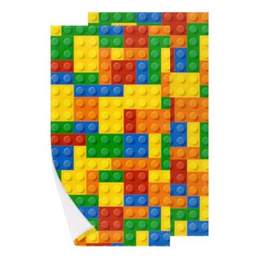 Imagem de Ackutea Conjunto de 2 toalhas de mão para crianças - Blocos de construção coloridos macios altamente absorventes toalha de rosto de banho infantil para banheiro berçário cozinha dormitório decoração