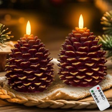 Imagem de ilifemate Velas sem chama de pinha com temporizador – Velas de LED operadas por bateria, chama cintilante realista, decoração rústica para férias e inverno, presentes de Natal para família e amigos,