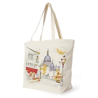 Imagem de Ganshine Sacola grande de lona com estampa de paisagem urbana dupla face, tela ecológica 300GSM (35% algodão, 65% poliéster), sacola de compras reutilizável para uso diário, viagens, praia