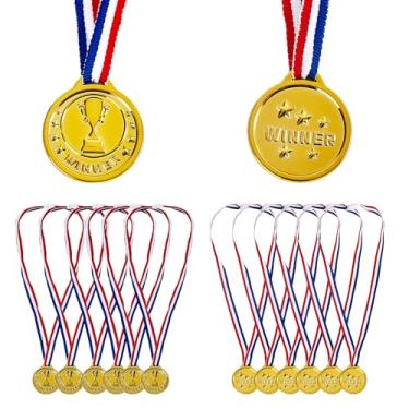 Imagem de Zyshabao 24 medalhas de plástico dourado para prêmios, troféu leve de tamanho pequeno de 3 cm e medalhas de vencedor para crianças, com fita de colar de design de pressão