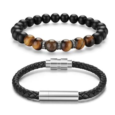 Imagem de abooxiu Pulseira de urna de cremação para cinzas memorial de cinzas de cremação pulseiras de cinzas de pedra vulcânica contas de olho de tigre pulseira de couro pulseira urna joia para cinzas de entes