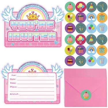 Imagem de GATGRWQ 20Pcs Video Game Birthday Invitations - Pink Gamer Invitations for Girls, Anime Themed Greeting Cards, Cute Ball Birthday Party Invitations With Sticker Labels 20 Envelope Gifts for Girls