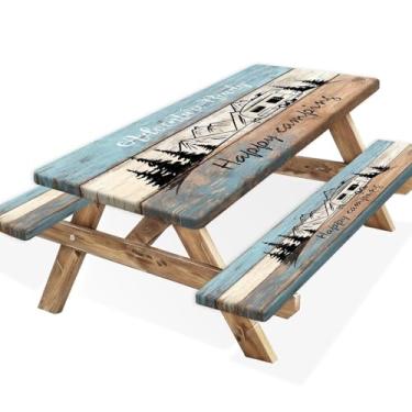 Imagem de 3 peças de toalha de mesa de piquenique com capa de banco, toalha de mesa de acampamento feliz de madeira com elástico à prova de vento, à prova d'água, acessórios essenciais para acampamento ao ar