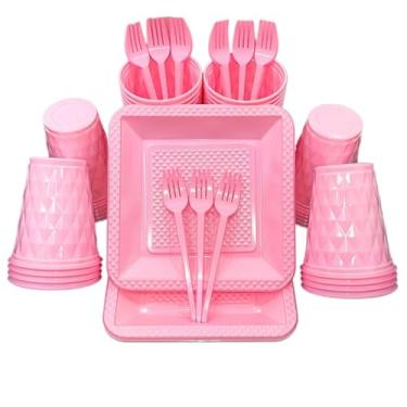 Imagem de Kit 260 Itens Descartaveis Festa Aniversário Prato Quadrado Diamante Plástico Colorido Perolado Candy Pastel (Rosa Claro)