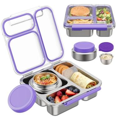 Imagem de Pawtong Caixa Bento de aço inoxidável com jarra de comida isolada de 200 ml, lancheira de metal transparente com pote térmico de sopa, recipiente para lancheira com divisor removível e copo de molho