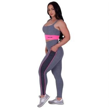 Imagem de CONJUNTO FITNESS FEMININO LEGGING SUPLEX POLIAMIDA BOLSO LATERAL + TOP BOJO ORBIS CINZA ESCURO+ROSA-Feminino