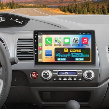 Imagem de Rádio estéreo de carro de 4 GB + 128 GB para Honda Civic 2006-2011 Carplay integrado Android Auto, unidade de cabeça estéreo de carro Android 14 de 10,1 polegadas com WiFi GPS Navegação Bluetooth