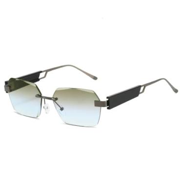 Imagem de Óculos de sol retrô sem aro para homens, óculos de sol quadrados com pernas de metal e lentes de corte, protetor solar (C6 Gun Tea Blue)