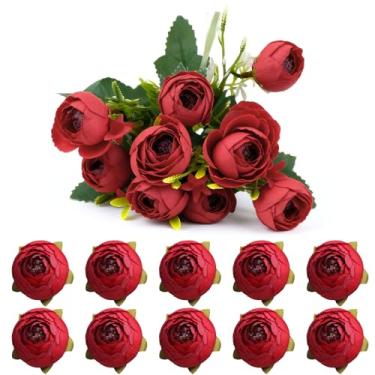 Imagem de Pacote com 10 buquê de rosas artificiais vintage para decoração de festa de casamento em casa (rosa vermelha)