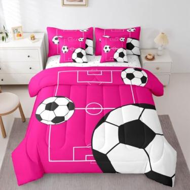 Imagem de Erosebridal Jogo de cama de 7 peças com tema esportivo, solteiro, com lençóis, quadra de futebol, rosa e branco, com estampa de bola de futebol para crianças, meninos e meninas