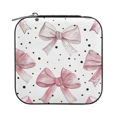 Imagem de SEHANY Caixa de joias personalizada com laço rosa para mulheres, meninas, mini estojo de joias de couro PU, organizador de joias de viagem, caixa de joias para brincos, anéis, colares, presentes para