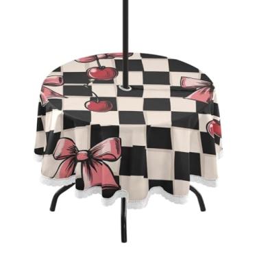 Imagem de Blueangle Toalha de mesa redonda xadrez com laço de cereja impermeável de 152 cm com orifício para guarda-chuva - Tecido resistente à prova de sol para todos os climas para pátio, acampamento