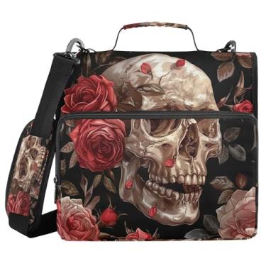 Imagem de SEHANY Fichário com zíper de caveira e flor com alça de ombro, capacidade para 500 folhas, vários bolsos, fichário com 3 anéis e zíper de 3 anéis