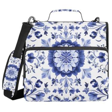 Imagem de SEHANY Fichário azul boêmio com zíper 3 anéis com alça de ombro, vários bolsos expansíveis pasta de arquivo organizador de bolsa