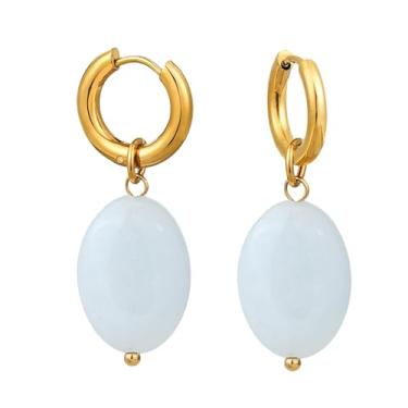 Imagem de TaYolnFaSo Brincos de argola de pedra preciosa natural oval para mulheres, banhado a ouro 18 k, pedra do mês de nascimento, joia irregular, turquesa, presente para esposa, mãe, namorada, 41, Aço