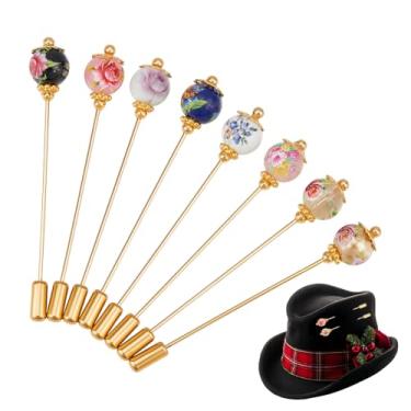 Imagem de DELORIGIN 8 peças de pinos de chapéu de contas de vidro florais, pinos de lapela em bastão de latão de 7 cm com desenhos de flores vintage, broche de segurança de joias decorativas para mulheres