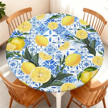 Imagem de COTAIL Toalha de mesa redonda à prova d'água com borda elástica, capa de mesa redonda ajustável e limpa para mesas de verão de até 134,5 a 152 cm para festas de piquenique na cozinha, limão