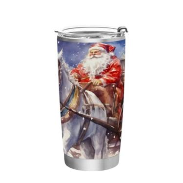 Imagem de Wassud Copo de Papai Noel com pintura em aquarela com tampa e canudo de aço inoxidável de parede dupla copo isolado copo de viagem caneca de café para bebidas frias e quentes 350 ml