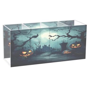 Imagem de CEBUGI Porta-lápis de acrílico transparente com 4 compartimentos, organizador de pincéis de maquiagem para noite de Dia das Bruxas para armazenamento em mesa de escritório em casa