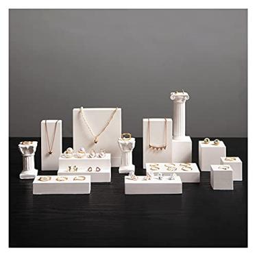 Imagem de uhyOHF Caixa de joias branca conjunto de exibição de joias de gesso, organizador de joias geométrico, suporte de exibição de joias para shows, quarto, balcão, negócios, 13 peças (