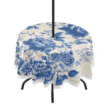 Imagem de CEBUGI Toalha de mesa redonda para uso ao ar livre, azul, branca, floral, impermeável, com furo Umberlla, capa de mesa lavável para pátio, cozinha, sala de jantar, 152 cm