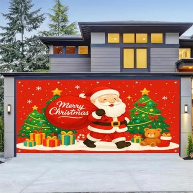Imagem de HOMETITUTE Feliz Natal, faixa para porta de garagem, 4 x 1,8 m, cenário festivo de Natal, Papai Noel alegre com saco de presente para foto de fundo para quintal alegre de férias ao ar livre exibição