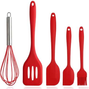 Imagem de Kit 5 Peças Utensílios de Cozinha em Silicone (Colher, Espátula, Pincel e Fuê) | Suporta até 230°C | Livre de BPA e Antiaderente | Próprio para Lava-Louças e Panelas Anti-Risco
