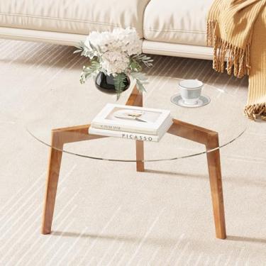 Imagem de WFSRESTD Mesa de centro de vidro, pequenas mesas de centro redondas com pernas de madeira maciça, mesa central moderna de meados do século com tampo de vidro para espaços pequenos, sala de estar, 80 x