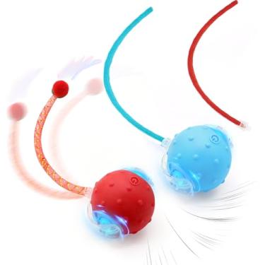 Imagem de ZABARE Brinquedos interativos para gatos, 2 peças de brinquedo automático para gatos com cauda de sino de malha elástica, bola recarregável para gatos adultos em ambientes internos entediados, gato