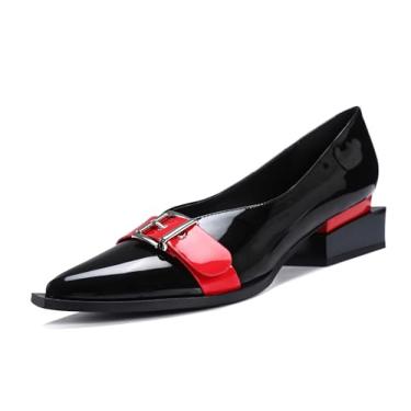 Imagem de feetquake Sapatos Femininos De Salto Quadrado Sobreposto, Salto Grosso Vermelho, Bico Fino, Puxador, Couro Pu Envernizado Preto/Vermelho, Sapatos Confortáveis Para Uso Diário, 8M