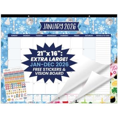 Imagem de bloom daily planners Calendário de mesa 2026 – Calendário de parede grande de janeiro a dezembro – 53 cm x 40 cm para mesa e agenda mensal suspensa com adesivos para casa ou escritório – Ícones de