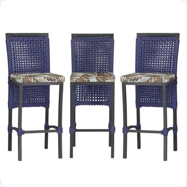 Imagem de 3 Banqueta Em Alumínio Roma Preta Corda Náutica Tecido 6 Azul