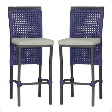 Imagem de 2 Banqueta Em Alumínio Roma Preta Corda Náutica Tecido 3 Azul